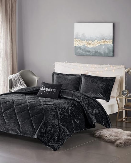 Intelligent Design Queen Duvet Cover Set, Velvet Queen Duvet Set, Luxury Diamond Quilting Black Duvet Cover, Fluffy Duvet Cover with Decorative Pillow and 2 Shams, 4 Pieces, Black, Full/Queen - LeafyLoom