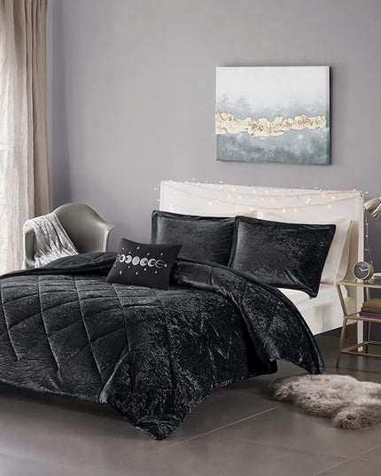 Intelligent Design Twin Comforter Set, Velvet Comforter Set , Luxury Diamond Quilting Comforter Set, Fluffy Comforter Bed Set with Decorative Pillowand 1 Sham, 3 Piece Black, Twin/Twin XL - LeafyLoom