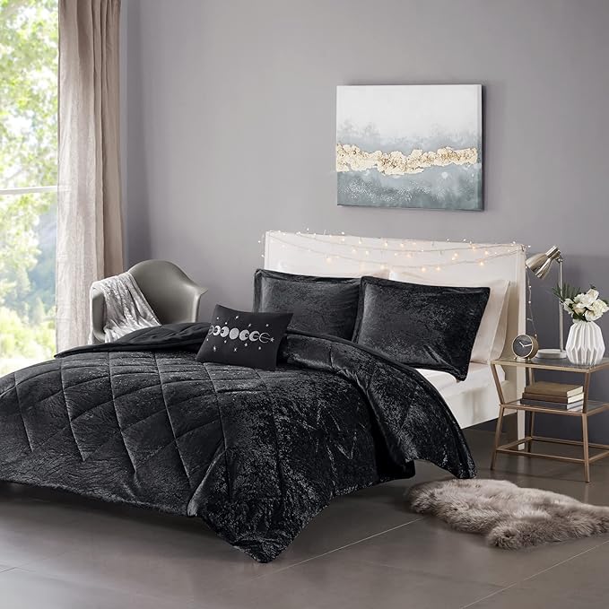 Intelligent Design Twin Comforter Set, Velvet Comforter Set , Luxury Diamond Quilting Comforter Set, Fluffy Comforter Bed Set with Decorative Pillowand 1 Sham, 3 Piece Black, Twin/Twin XL - LeafyLoom