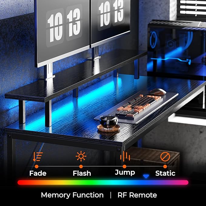 Reversible L Shaped Computer Desk with Drawers, Gaming Desk with LED Lights and Power Outlets, Office Desk with Storage Shelves, for Home & Office, Black - LeafyLoom
