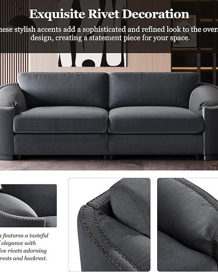 Morden Stylish 3-Seat Upholstered Couch Linen Fabric Nailhead Decor Sofa&Couch with Thicker Cushions and Armrests for Home Office Apartment Living Room, 91", Gray-337 - LeafyLoom