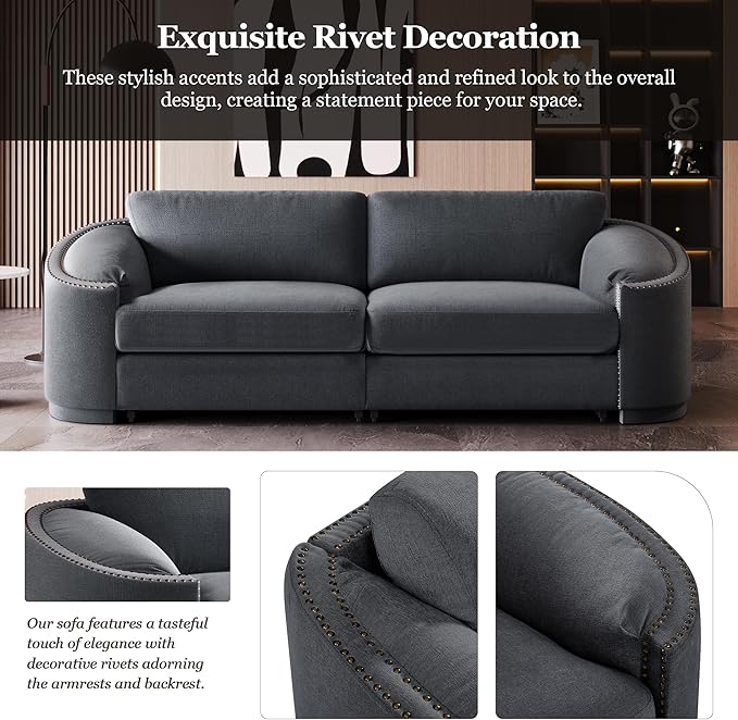 Morden Stylish 3-Seat Upholstered Couch Linen Fabric Nailhead Decor Sofa&Couch with Thicker Cushions and Armrests for Home Office Apartment Living Room, 91", Gray-337 - LeafyLoom