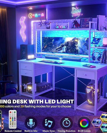 Aheaplus Desk with LED and Outlets, Gaming Desk with Hutch, 55.2'' Computer Desk with Drawers, Reversible Office Desk with Storage Bookshelf Large Workstation Desk with Shelf, Desk for Home, White - LeafyLoom