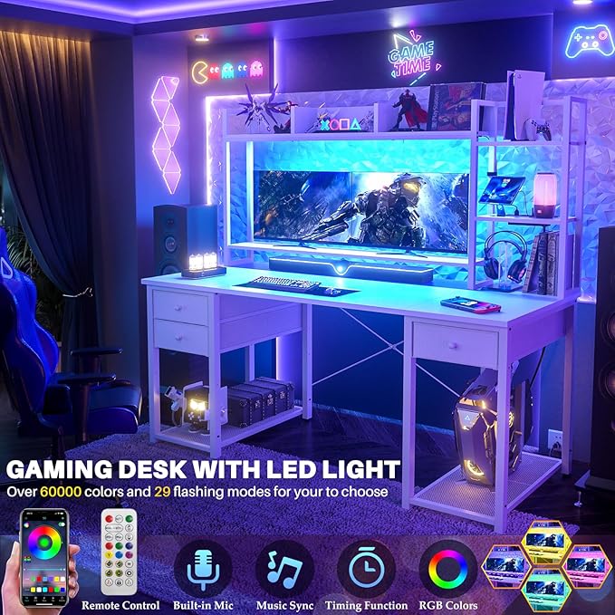 Aheaplus Desk with LED and Outlets, Gaming Desk with Hutch, 55.2'' Computer Desk with Drawers, Reversible Office Desk with Storage Bookshelf Large Workstation Desk with Shelf, Desk for Home, White - LeafyLoom