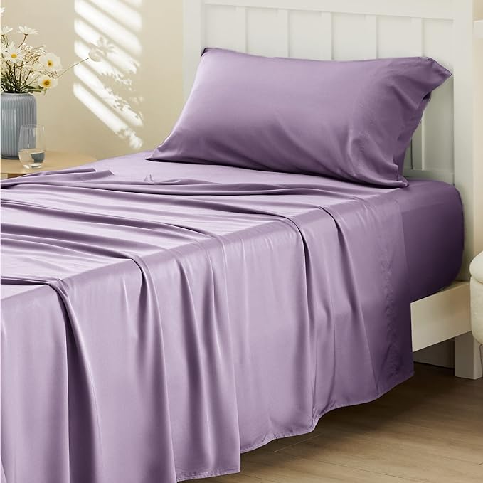 Bedsure Twin XL Sheet Set Dorm Bedding, Cooling Sheets Twin Extra Long Sheets, Rayon Derived from Bamboo, Deep Pocket Up to 16", Hotel Luxury Silky Bedding Sheets & Pillowcases, Lilac - LeafyLoom