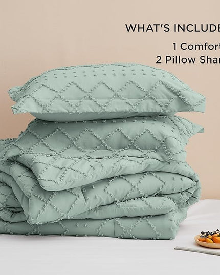 Bedsure Full Size Comforter Set - Sage Green Comforter, Boho Tufted Shabby Chic Bedding Comforter Set, 3 Pieces Farmhouse Bed Set for All Seasons, Fluffy Soft Bedding Set with 2 Pillow Shams - LeafyLoom