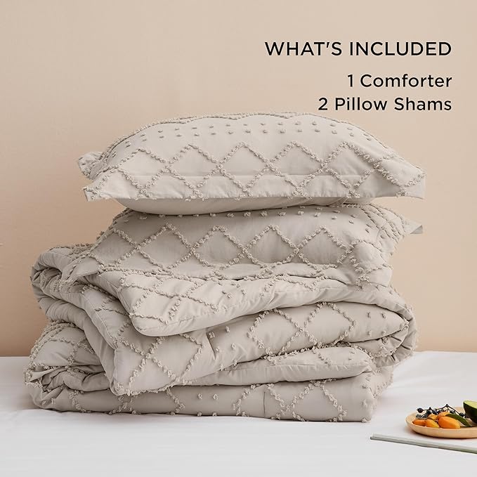 Bedsure California King Comforter Set - Linen Comforter, Boho Tufted Shabby Chic Bedding Comforter Set, 3 Pieces Vintage Farmhouse Bed Set for All Seasons, Fluffy Bedding Set with 2 Pillow Shams - LeafyLoom