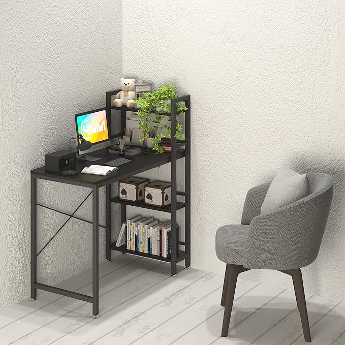 4NM 35" Small Computer Desk with 4-Tier Bookshelf, Home Office Desk Writing Workstation Study Table Multipurpose for Small Space Work - All Black - LeafyLoom