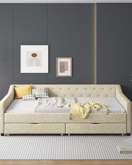 Full Size Upholstered Daybed with 2 Drawers,Wood Sofa Bed Frame W/Button Tufted Backrest and Waved Shape Arms,Slats Support,Linen Fabric Day Bed,for Bedroom,Living Room,Apartment,Beige - LeafyLoom