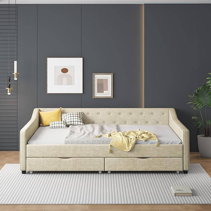 Full Size Upholstered Daybed with 2 Drawers,Wood Sofa Bed Frame W/Button Tufted Backrest and Waved Shape Arms,Slats Support,Linen Fabric Day Bed,for Bedroom,Living Room,Apartment,Beige - LeafyLoom