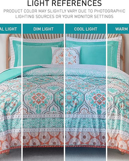 Degrees of Comfort Full Size Comforter Sets with Sheets Floral, Aqua Boho Complete Bedding Set for teen girls, Microfiber 8 Piece Bed in a Bag with Side Pockets, Matching Decorative Pillow - LeafyLoom