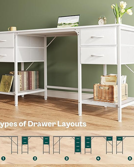 63 Inch Computer Desk with 4 Drawers, Office Desk with Mesh Shelf, Gaming Desk, Large Storage, Writing Desk Work Desk for Home Office, Study, Bedroom, Work from Home, White - LeafyLoom