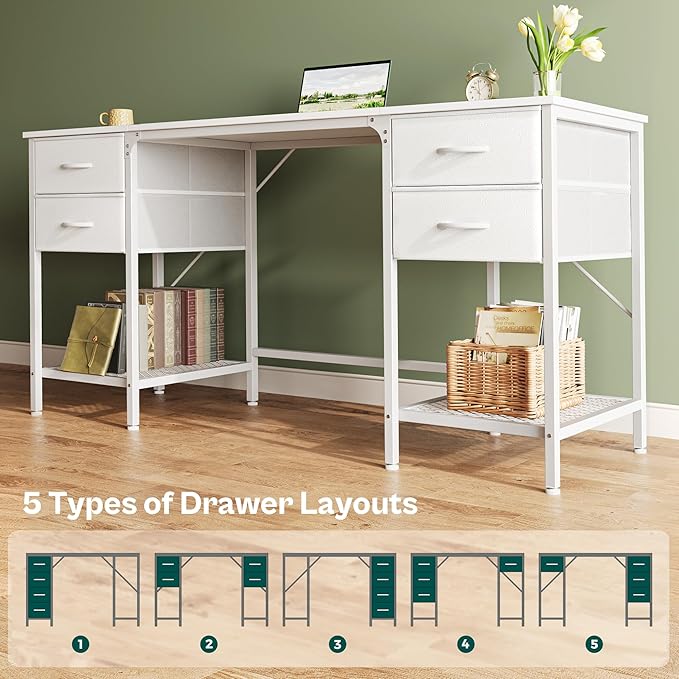 63 Inch Computer Desk with 4 Drawers, Office Desk with Mesh Shelf, Gaming Desk, Large Storage, Writing Desk Work Desk for Home Office, Study, Bedroom, Work from Home, White - LeafyLoom