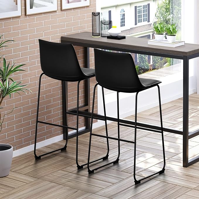 NicBex Retro Bar Stools Crazy-Horse Leather with Metal Legs Barstools, Lounge Kitchen Island Bar Stools, Set of 2, (Black Color) (A-GE17022-USSU014) - LeafyLoom