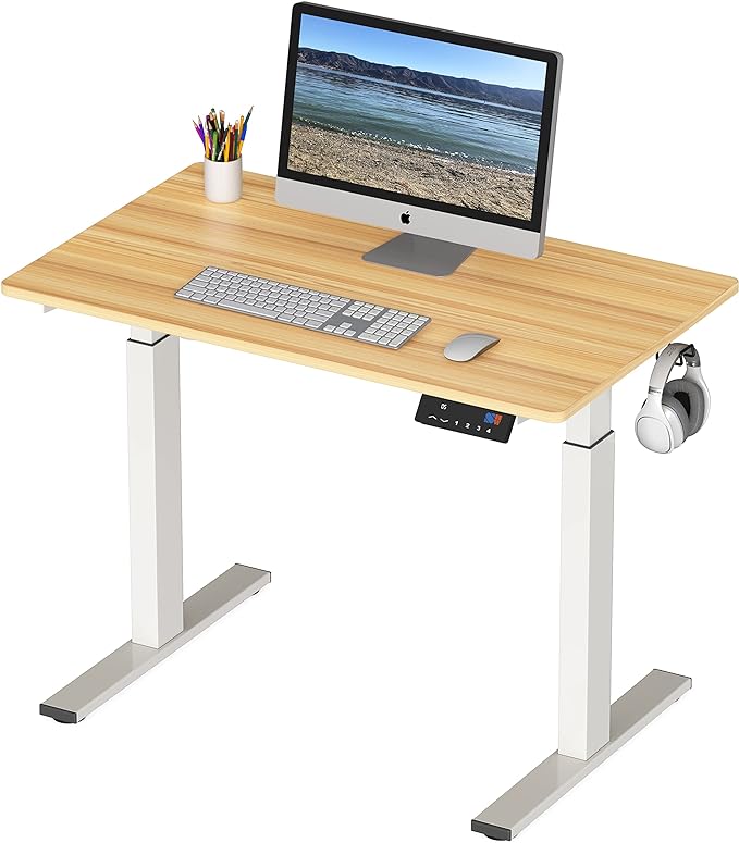 SHW Memory Preset Electric Height Adjustable Standing Desk, 40 x 24 Inches, Oak - LeafyLoom