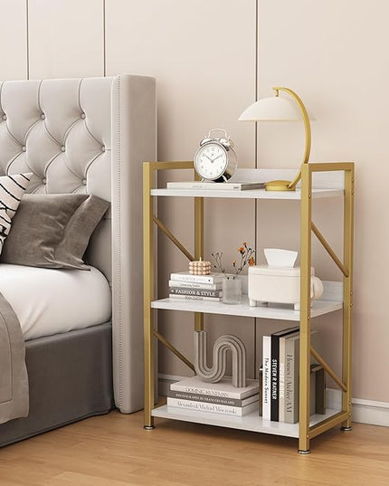 Small Bookshelf for Small Spaces, 3 Tier Bookcase, Narrow Gold Book Shelf, Small Shelf Open Display Rack for Bedroom, Living Room, Home Office,White&Gold - LeafyLoom