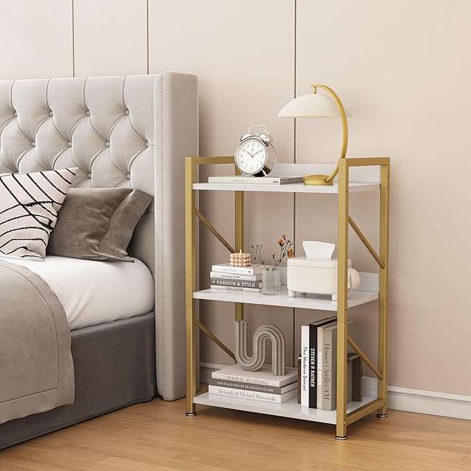 Small Bookshelf for Small Spaces, 3 Tier Bookcase, Narrow Gold Book Shelf, Small Shelf Open Display Rack for Bedroom, Living Room, Home Office,White&Gold - LeafyLoom