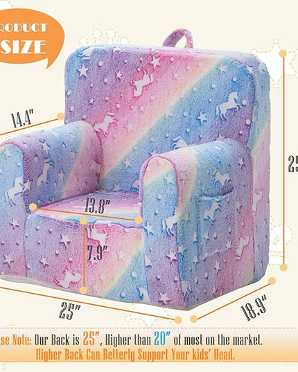 Snuggly-Soft Cuddly Toddler Plush Armchair for Boys and Girls Glowing Pink Fuzzy Plush Kids Sofa Couch Reading Chair with Children Friendly Handle for Easy Movement & Double Pockets for Storage - LeafyLoom
