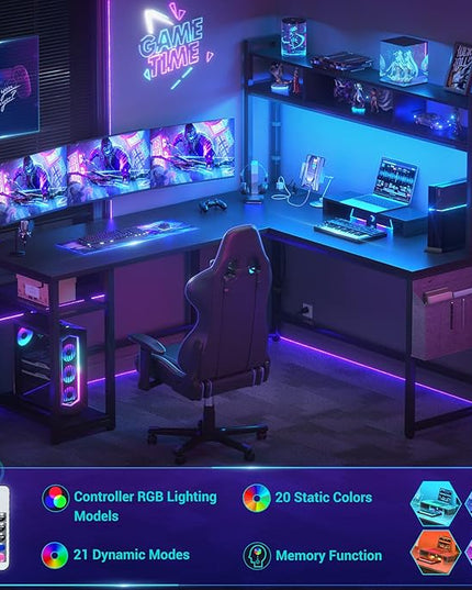 Aheaplus L Shaped Desk with Power Outlet & LED Strip, Reversible L-Shaped Corner Computer Desks Gaming Desk with Storage Shelf & Monitor Stand, Modern 2 Person Home Office Desk, Writing Desk, Black - LeafyLoom