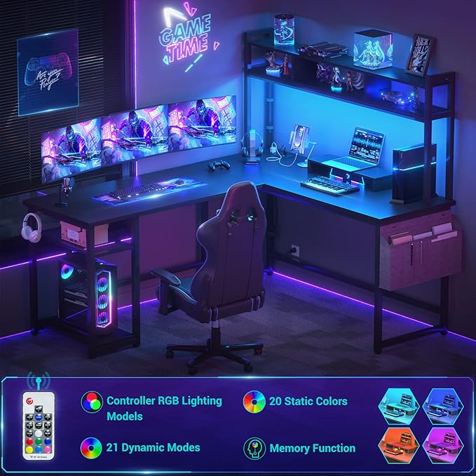 Aheaplus L Shaped Desk with Power Outlet & LED Strip, Reversible L-Shaped Corner Computer Desks Gaming Desk with Storage Shelf & Monitor Stand, Modern 2 Person Home Office Desk, Writing Desk, Black - LeafyLoom