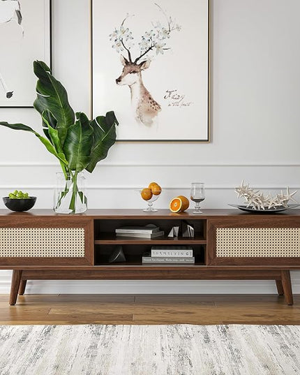 STARY 65''Mid Century Modern TV Stand,Boho Media Console Entertainment Center with Cable Management for Living Room, Walnut - LeafyLoom