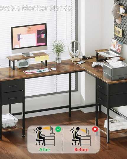 L Shaped Computer Desk with Power Outlets, 59 inch Reversible Home Office Desk with Storage Shelves & 2 Monitor Stands, Gaming Desk with 4 Fabric Drawers for Bedroom, Rustic Brown - LeafyLoom