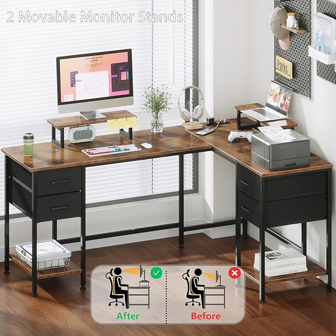 L Shaped Computer Desk with Power Outlets, 59 inch Reversible Home Office Desk with Storage Shelves & 2 Monitor Stands, Gaming Desk with 4 Fabric Drawers for Bedroom, Rustic Brown - LeafyLoom