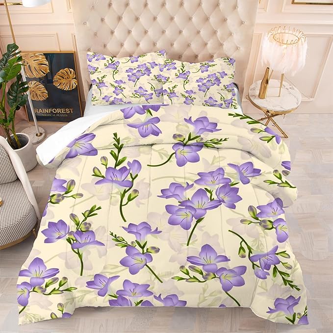 kxry Purple Flower Comforter Sets Bedding Sets Twin Size Comforter Set for Girls Women Kids 1 Comforter + 1 Pillow Case - LeafyLoom