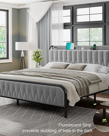 Feonase King Bed Frame with Type-C & USB Port, Metal Platform Beds, with Velvet Upholstered Headboard & Footboard, 12" Underbed Storage Space, Easy Assembly, Noise-Free, Gray - LeafyLoom