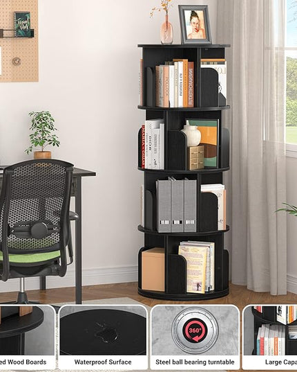 Aheaplus Rotating Bookshelf, 360 Display Corner Bookshelf for Small Space, 4 Tier Floor Standing Bookcase Storage Rack, Wood Narrow Organizer for Bedroom, Living Room, Study Room, Black - LeafyLoom