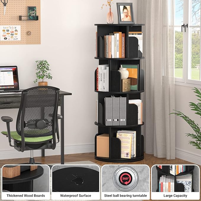 Aheaplus Rotating Bookshelf, 360 Display Corner Bookshelf for Small Space, 4 Tier Floor Standing Bookcase Storage Rack, Wood Narrow Organizer for Bedroom, Living Room, Study Room, Black - LeafyLoom