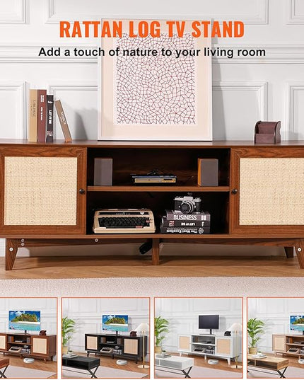 VEVOR Rattan TV Stand for 75in TV, Boho TV Stand with Rattan Door, Entertainment Center with Build-in Socket, Storage Cabinet with 2 Shelves, Modern TV Console for Living Room, Media Room, Walnut - LeafyLoom