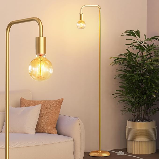 QiMH Industrial Floor Lamp for Living Room, Farmhouse Metal Standing Lamp, Modern Tall Lamp for Bedroom Office Minimalist Floor Lamps Home Decor(E26 Socket, Foot Switch), Brass Gold - LeafyLoom