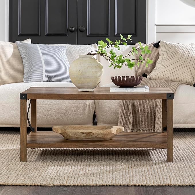 Walker Edison Sedalia Modern Farmhouse Metal X Coffee Table, 40 Inch, Rustic Oak - LeafyLoom