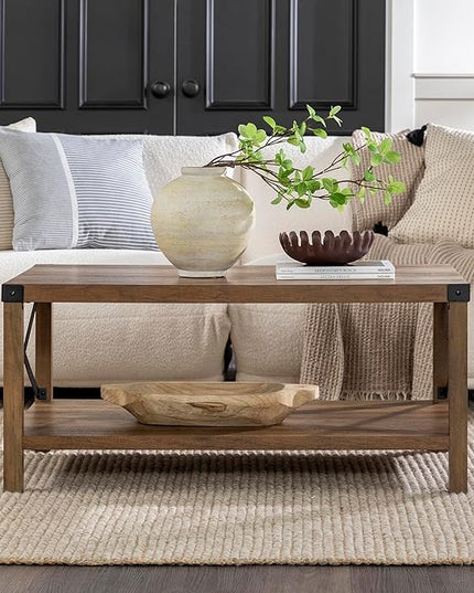 Walker Edison 52" Farmhouse TV Stand and 40" Modern Farmhouse Metal X Coffee Table, Rustic Oak - LeafyLoom