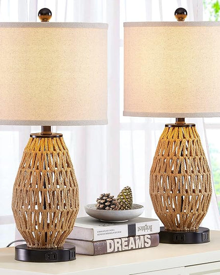 Touch Control Rattan Table Lamps, 3 Way Dimmable Bedside Lamps for Bedroom Set of 2 with 2 USB Ports and AC Outlet, Wicker Nightstand Lamps for Living Room (LED Bulbs Included) - LeafyLoom
