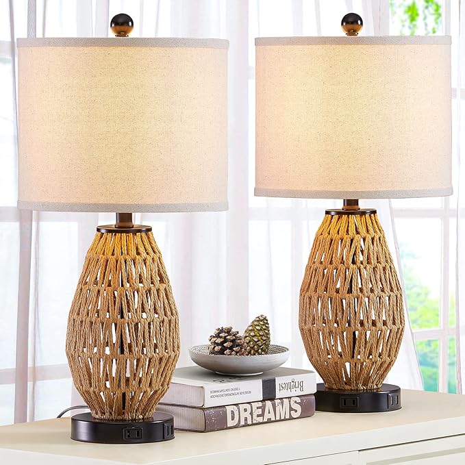 Touch Control Rattan Table Lamps, 3 Way Dimmable Bedside Lamps for Bedroom Set of 2 with 2 USB Ports and AC Outlet, Wicker Nightstand Lamps for Living Room (LED Bulbs Included) - LeafyLoom