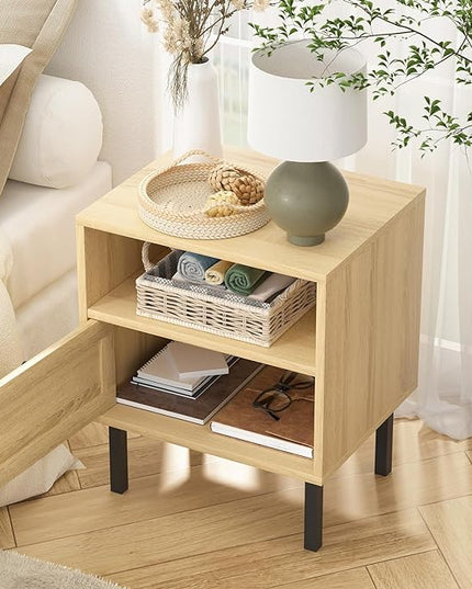 Rattan Nightstands Set of 2, Boho Night Stand with 1 Door, Accent End Table, Wood Bediside Table with Metal Legs&Open Shelf, Natural Wood - LeafyLoom
