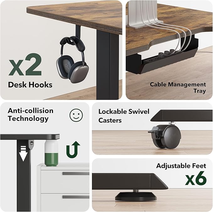 FEZIBO L Shaped Standing Desk Adjustable Height, 63 Inch Electric Stand up Corner Computer Desk, Sit Stand Home Office Desk with Splice Board, Rustic Brown Top/Black Frame - LeafyLoom