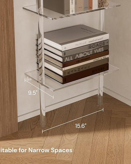 Small Acrylic Ladder Bookshelf, 9.5" D x 15.6" W, 5-Tier Clear Wall Mounted Book Shelf for Small Spaces, Multipurpose Bookcase for Living Room, Bathroom, Office, Modern, 73" H - LeafyLoom