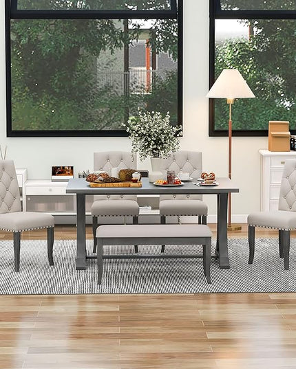 Retro Rustic Farmhouse, Rectangular TrestleTable and Bench&4 Upholstered Chairs, Wooden Kitchen Furniture Room, 6 Piece Dining Table Set, Antique Gray 29 - LeafyLoom