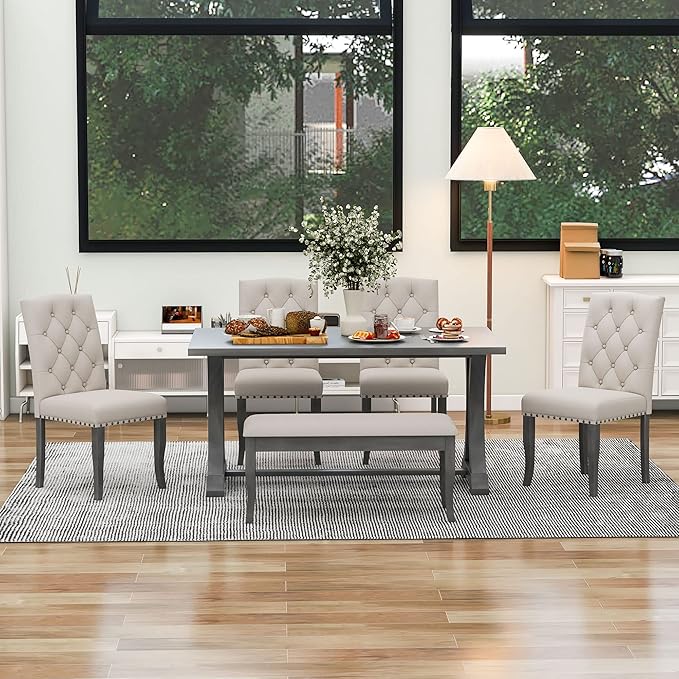 Retro Rustic Farmhouse, Rectangular TrestleTable and Bench&4 Upholstered Chairs, Wooden Kitchen Furniture Room, 6 Piece Dining Table Set, Antique Gray 29 - LeafyLoom