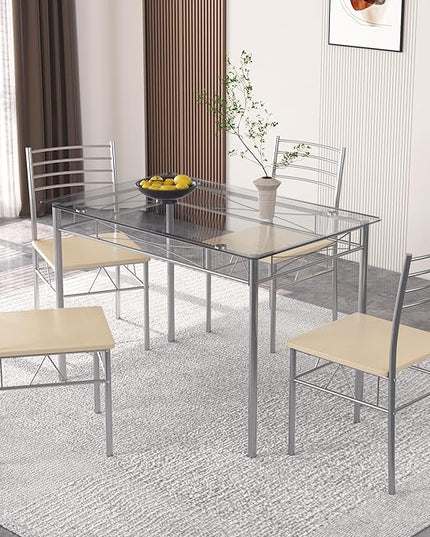 VECELO 5 Piece Dining Table Set for 4 with Chairs, Glass Tabletop, Small Space, Silver - LeafyLoom