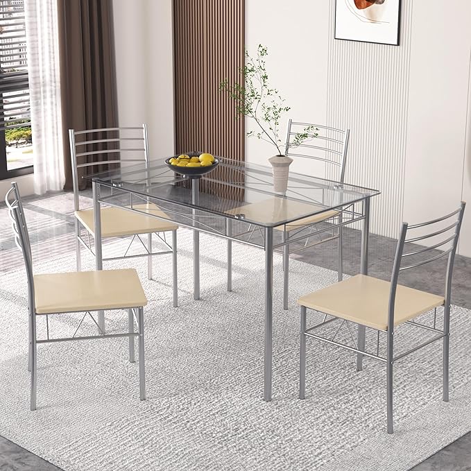 VECELO 5 Piece Dining Table Set for 4 with Chairs, Glass Tabletop, Small Space, Silver - LeafyLoom