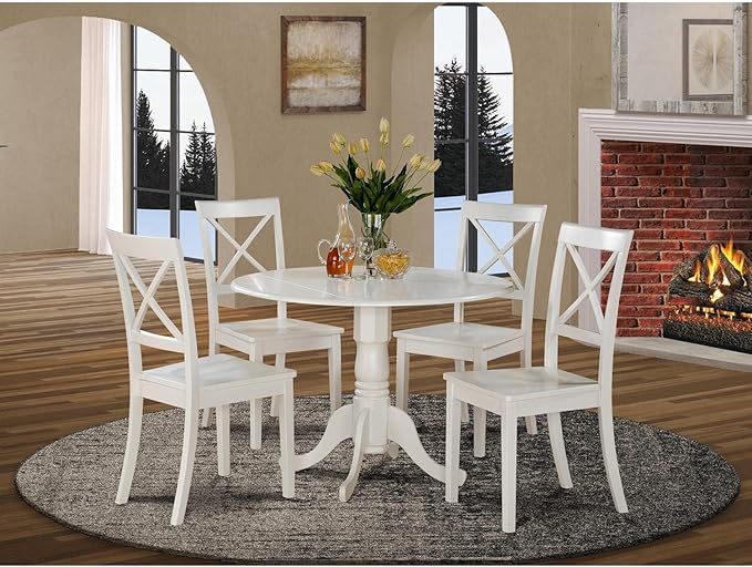 East West Furniture DLBO5-WHI-W 5 Piece Kitchen Table Set for 4 Includes a Round Dining Room Table with Dropleaf and 4 Solid Wood Seat Chairs, 42x42 Inch, Linen White - LeafyLoom