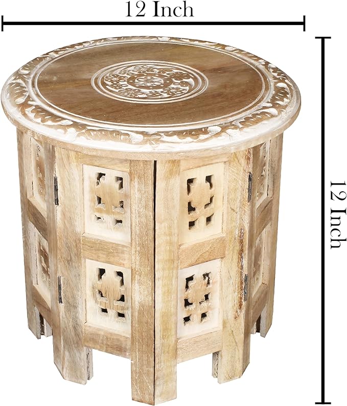 Round Side Table,Small Table, Round End Table,Side Table, Side Tables Living Room, Altar Table, Carved Side Table,Wood Accent Table,Carved Wood Table 12" Round Top x 12" High White Wash - LeafyLoom