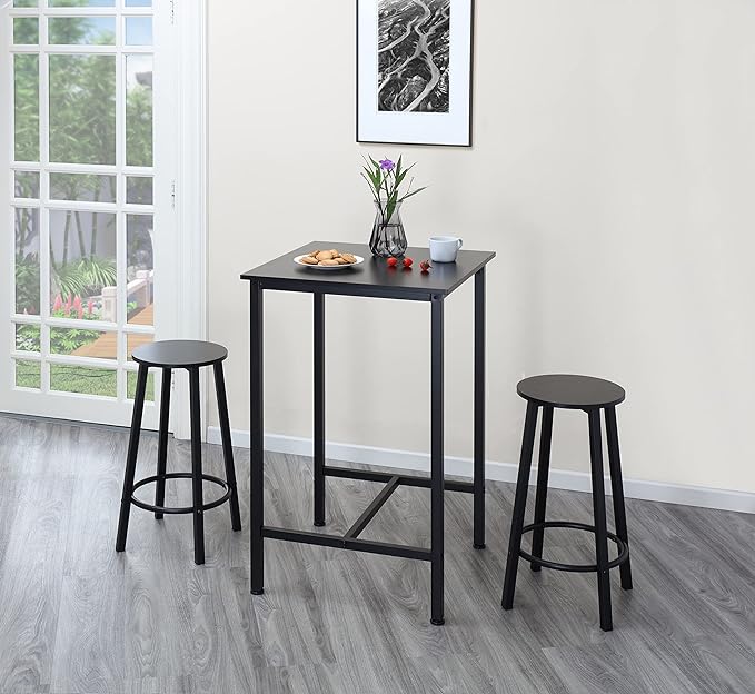 Finnhomy Bar Table Set, 23.6" Pub Table High Top Table, Square Bar Height Table, Bar Table with Stools, Kitchen Table Set for 2, Industrial Breakfast for Kitchen, Living Room, Rustic Black - LeafyLoom