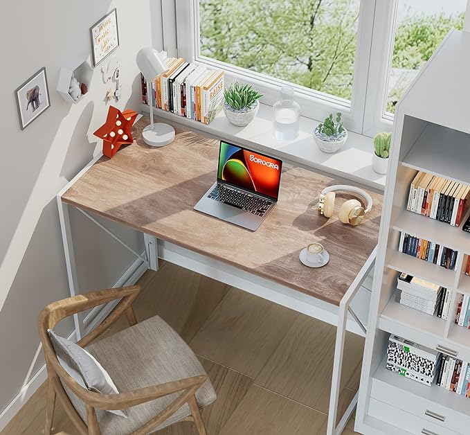 Coavas 39.4 inch Folding Desk No Assembly Required, Writing Computer Desk Space Saving Foldable Table Simple Home Office Desk, Oak - LeafyLoom