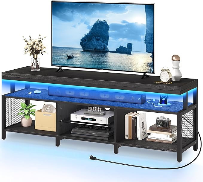 YITAHOME LED Television Stands w/Power Outlets for 70/65 inch, Modern Industrial TV Stand, Entertainment Center w/Open Storage TV Table, Entertainment Center for 360lbs for Living Room,Black - LeafyLoom