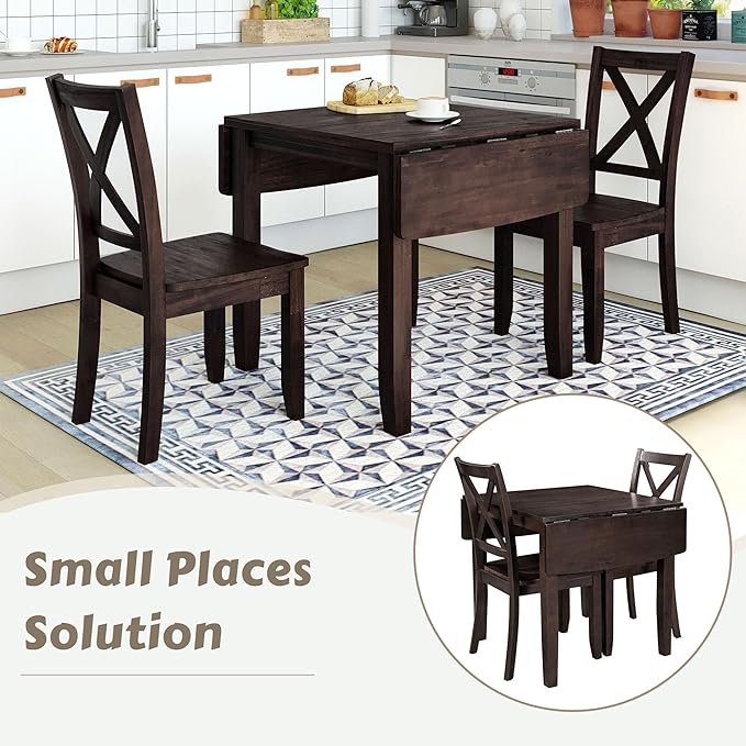 Farmhouse Style Wood Breakfast Nook 2 X-Back Chairs, Extendable Drop Leaf Design & Easy Assembly, Room, Kitchen, 3 Piece Dining Table Set, Espresso 32 - LeafyLoom